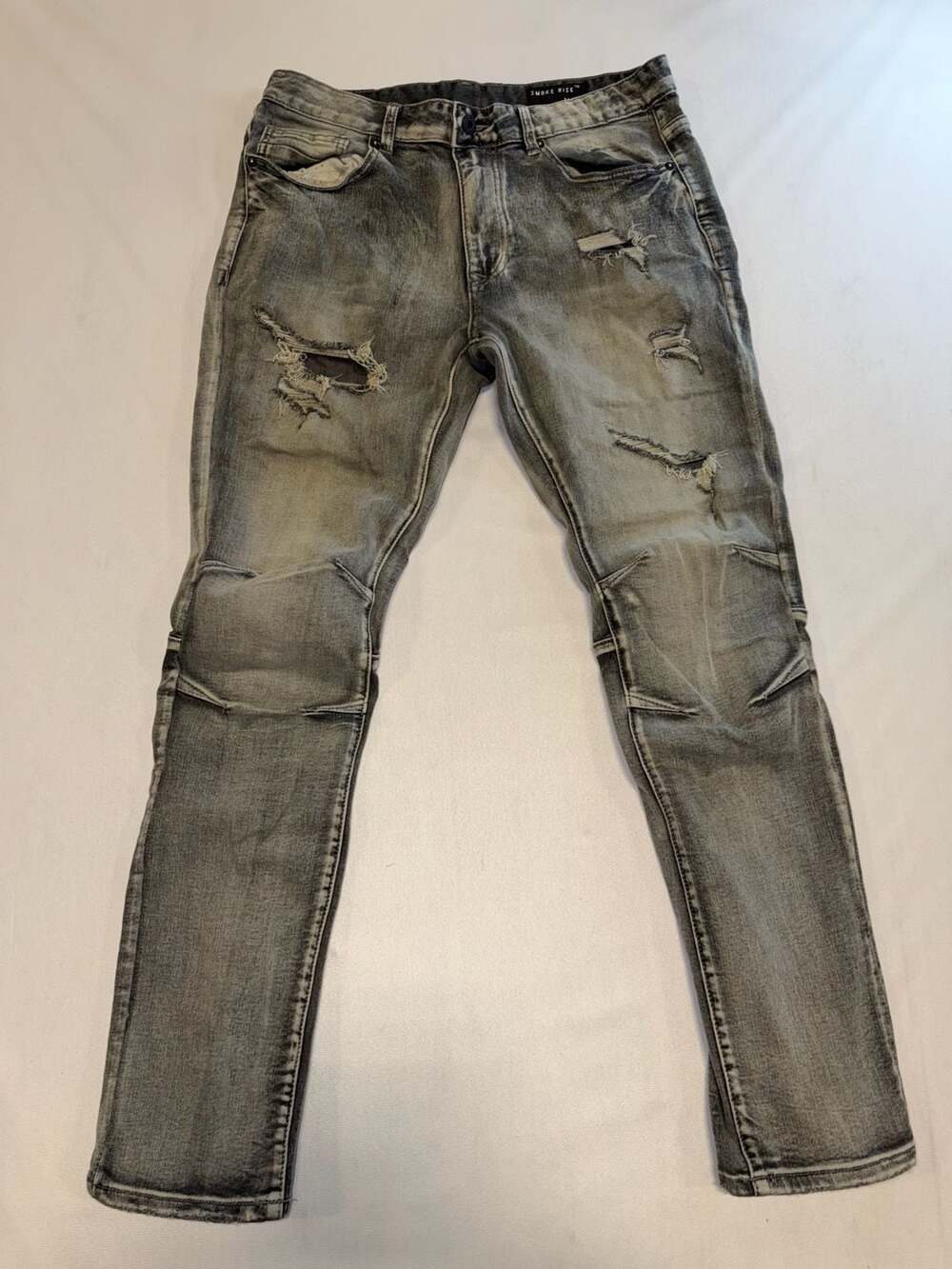 Smoke Rise Men's Distressed Slim Biker Denim Jeans Grey Size 34x32